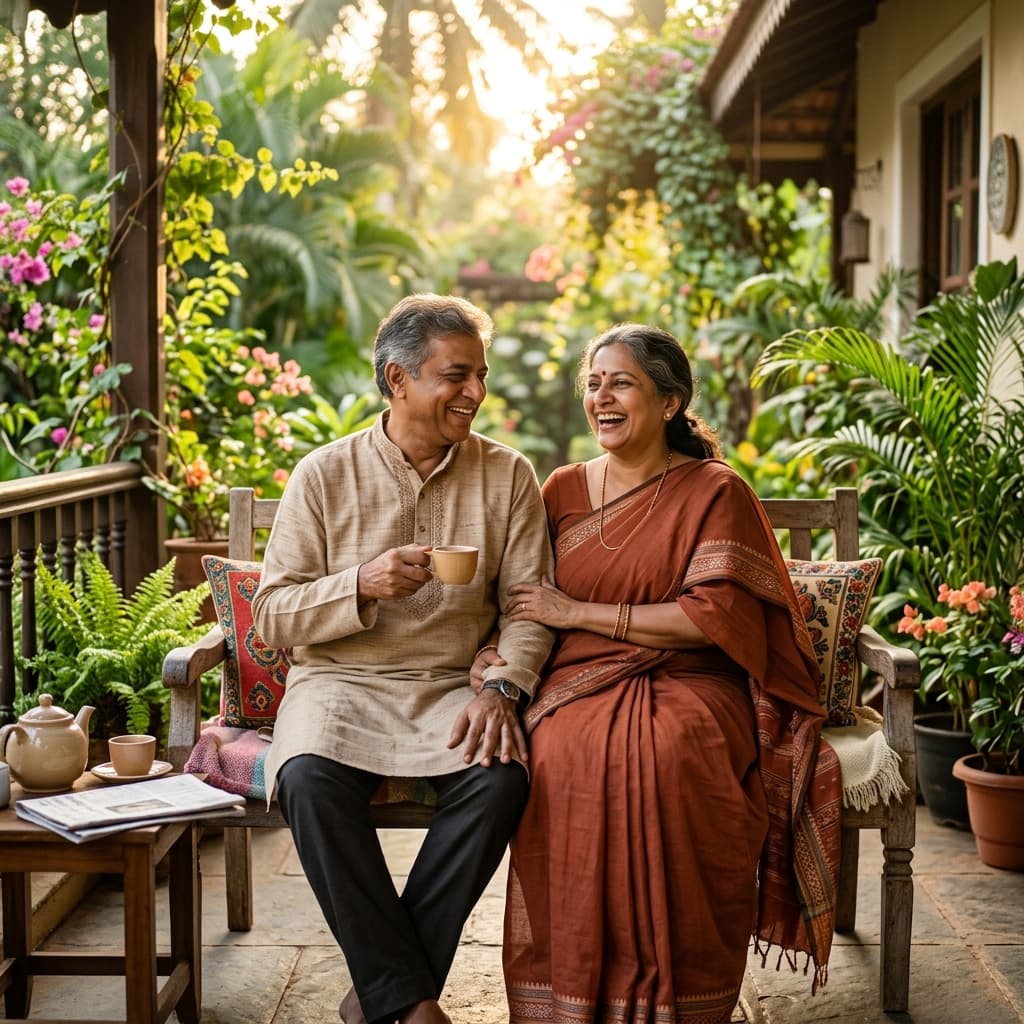Happy Indian couple enjoying a peaceful retirement